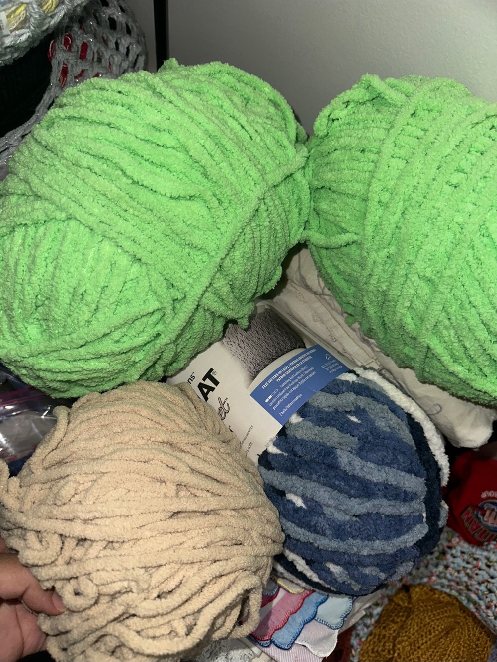 Plush Chenille Yarn Bundle in Bright Green, Beige & Blue- bundle of 4
